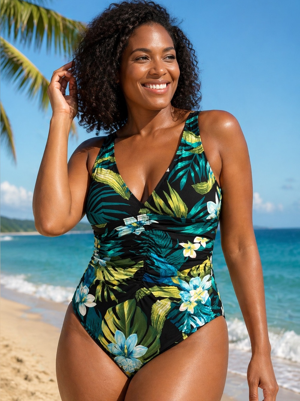 Coco Contours Clarity Midnight Plumeria One Piece Swimsuit NWT Size 14/38C